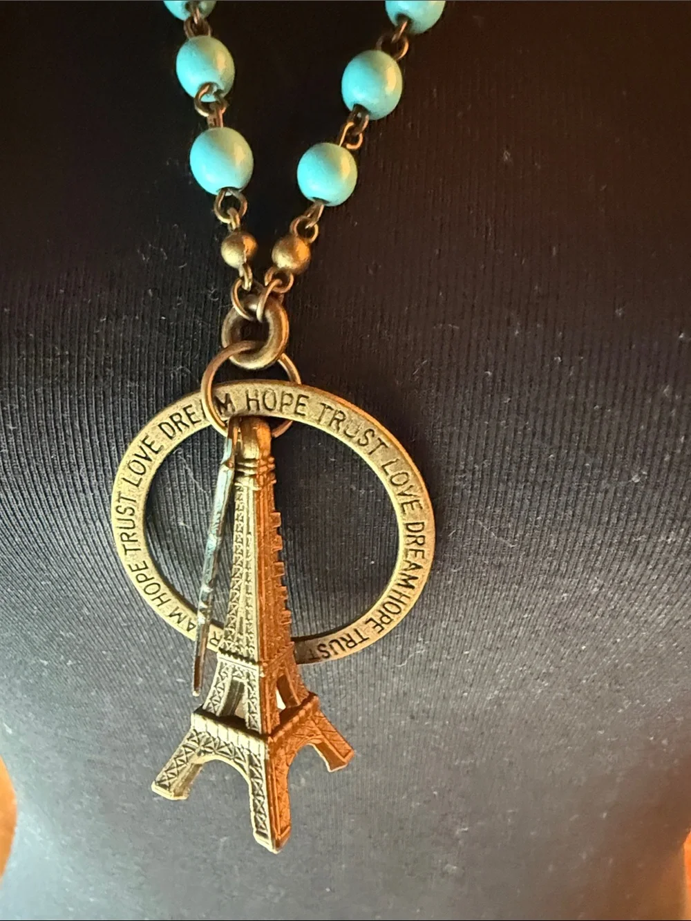 Turquoise and Wood Bead Eiffel Tower Pendant Necklace - Unbranded